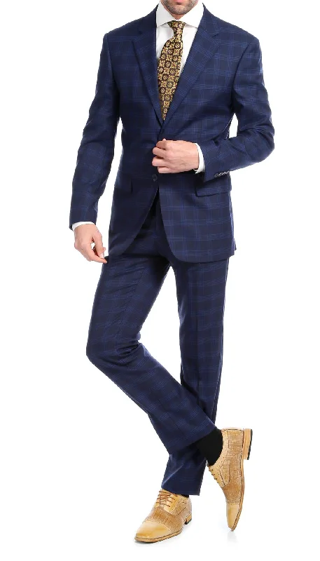 Ferrecci Mens Navy Blue Plaid Classic Fit Wool Blend 2 Piece Suit