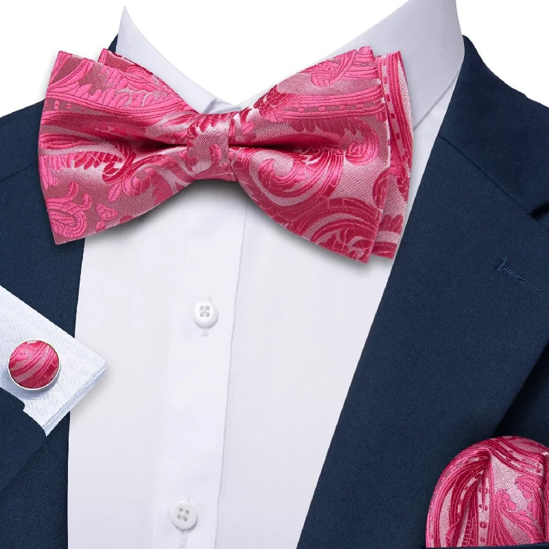 Barry Wang Silk Pre-Tied Mens Pink Paisley Bow Tie Hanky Cufflinks Set