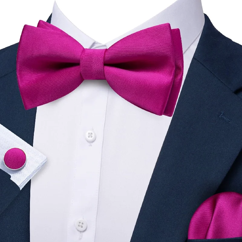 Barry Wang Hot Pink Silk Pre-Tied Bow Tie Hanky Cufflinks Set for Men