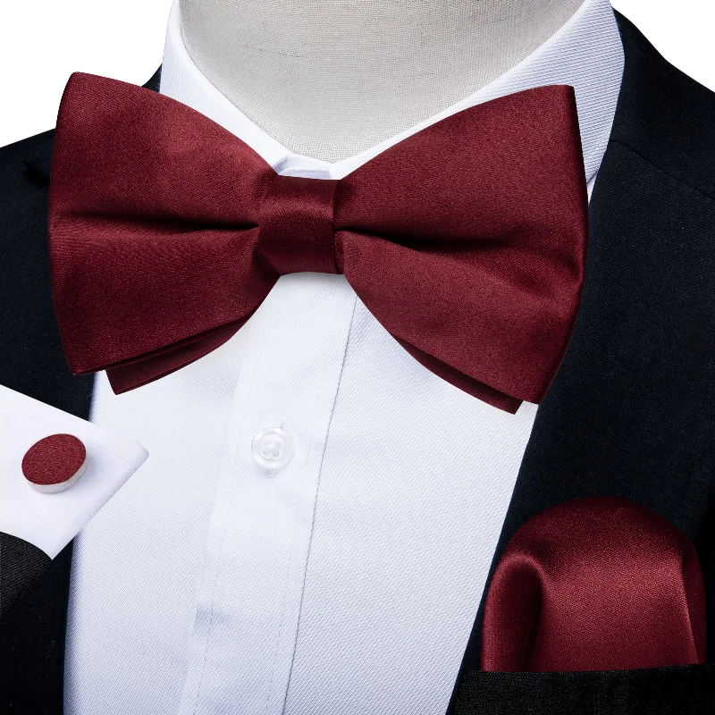 Dark Red Solid Men's Pre-tied Bowtie Pocket Square Cufflinks Set