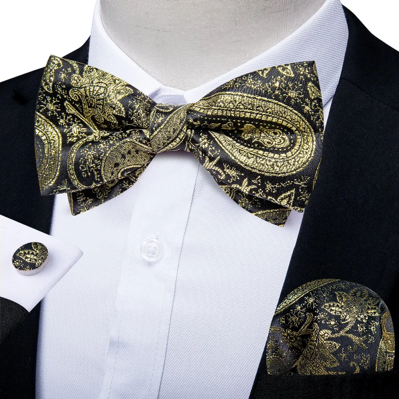 Black Champagne Paisley Men Pre-tied Bowtie Pocket Square Cufflinks Set