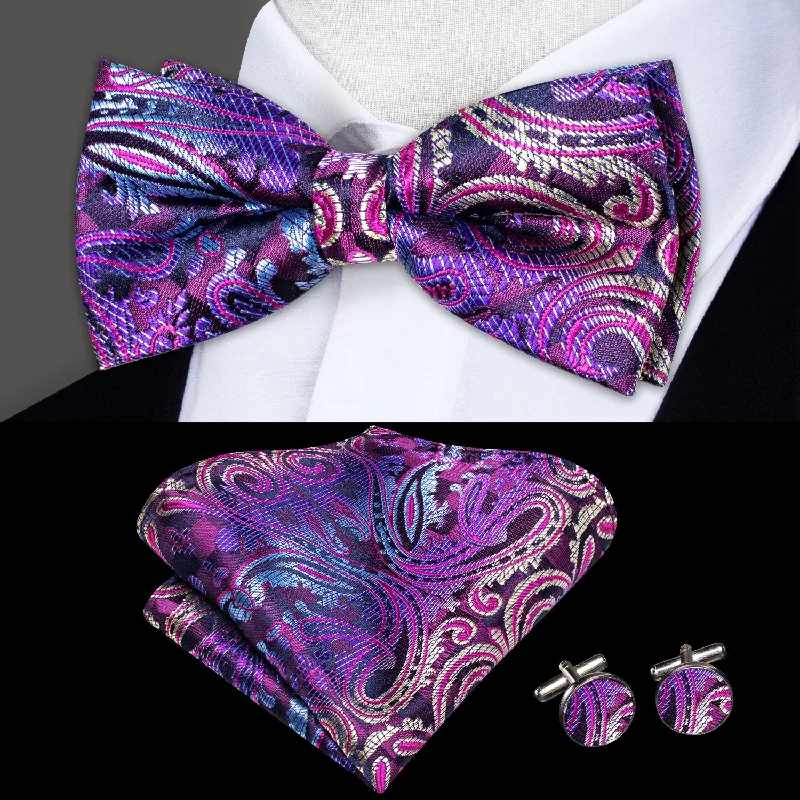 Purple Blue Gradient Paisley Men's Pre-tied Bowtie Pocket Square Cufflinks Set