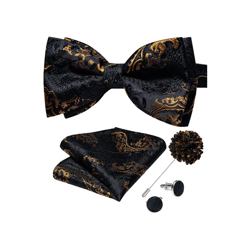 Black Golden Paisley Men's Pre-tied Bowtie Pocket Square Cufflinks Set with Lapel Pin