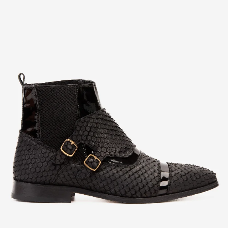 The Orion Black Snakeskin Pattern Leather Double Monk Strap Boot