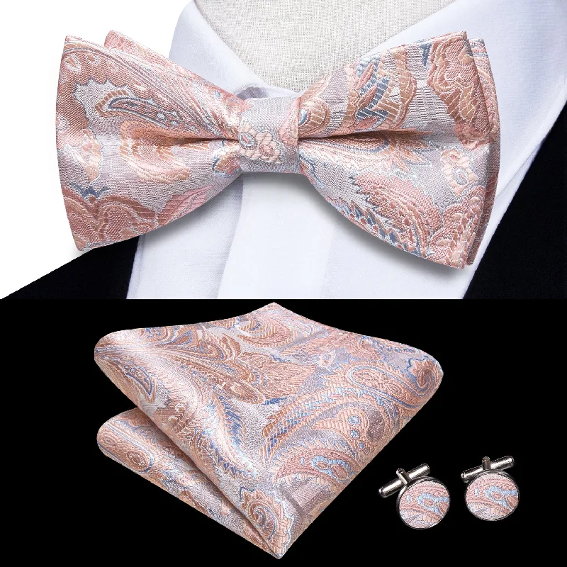 Pink Paisley Men's Pre-tied Bowtie Pocket Square Cufflinks Set