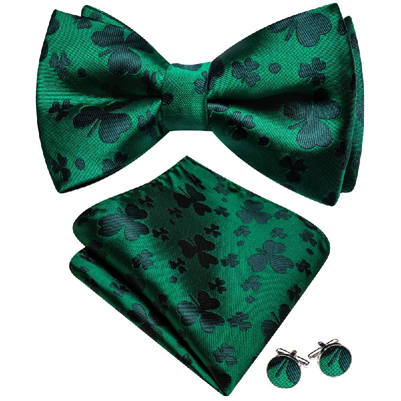 Barry Wang Green Clover Silk Pre-Tied Men's Bow Tie Hanky Cufflinks Set