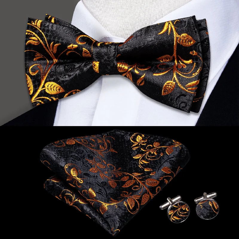 Black Golden Floral Pre-tied Bow Tie Pocket Square Cufflinks Set