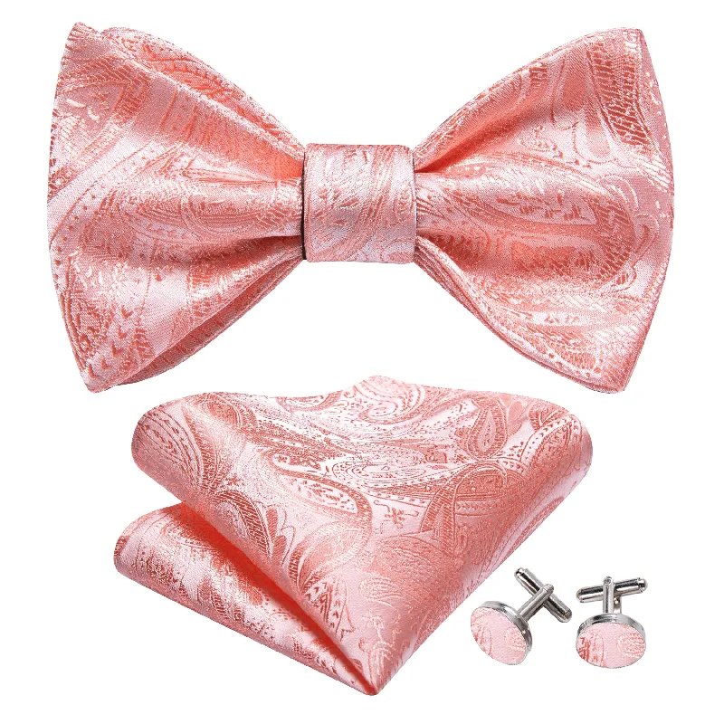 Pink Paisley Self Tie Bow Tie Hanky Cufflinks Set