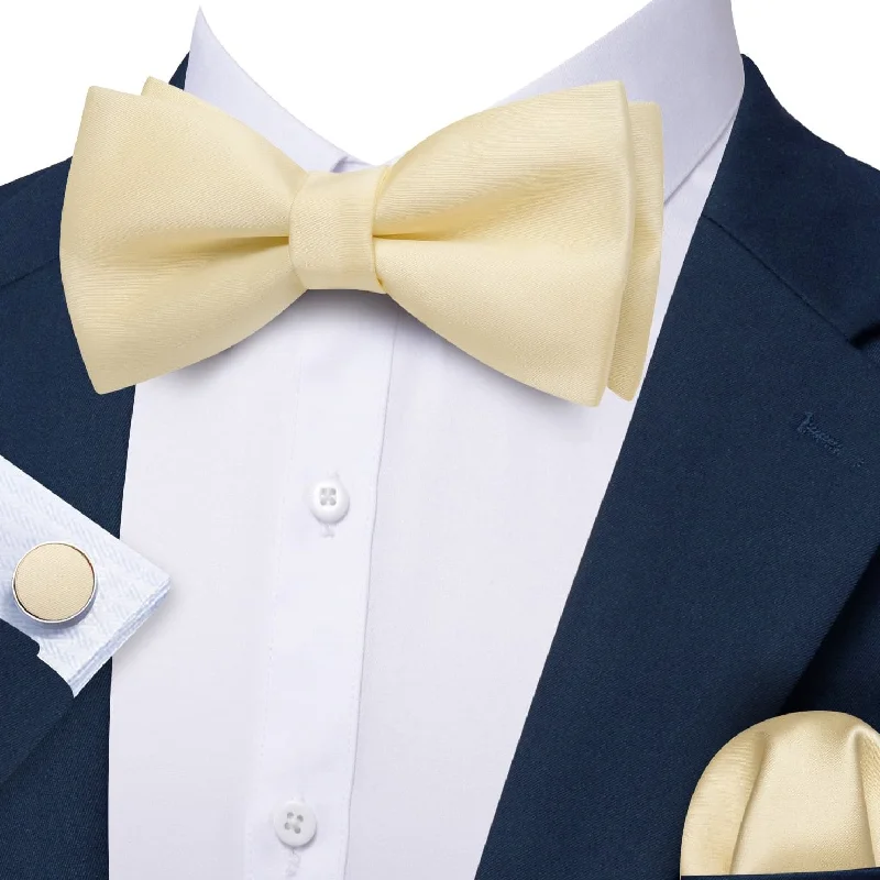 Barry Wang Champagne Silk Pre-Tied Mens Bow Tie Hanky Cufflinks Set