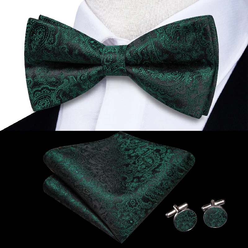 DarkGreen Floral Men's Pre-tied Bowtie Pocket Square Cufflinks Set