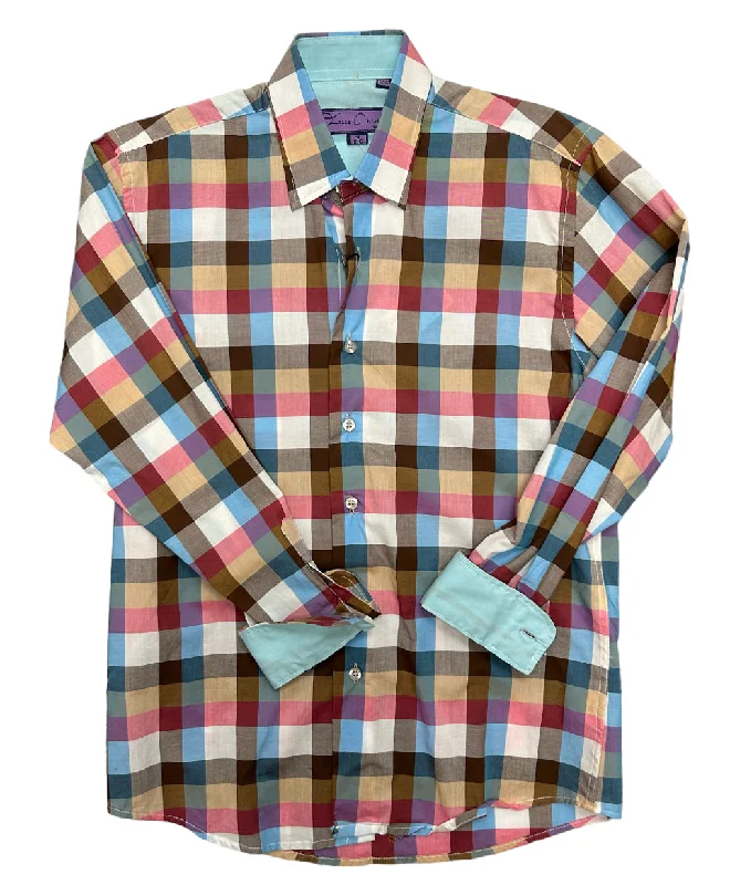 Isaac Michael Checkered Boys Long Sleeve Shirt - Blue/Pink