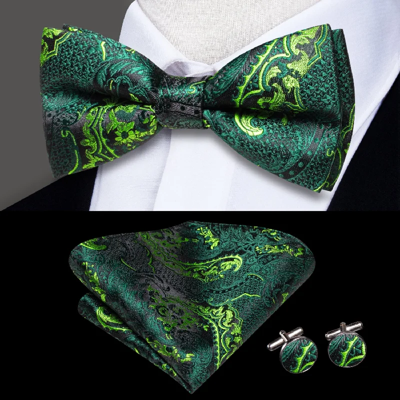 Dark Green Paisley Men's Pre-tied Bowtie Pocket Square Cufflinks Set