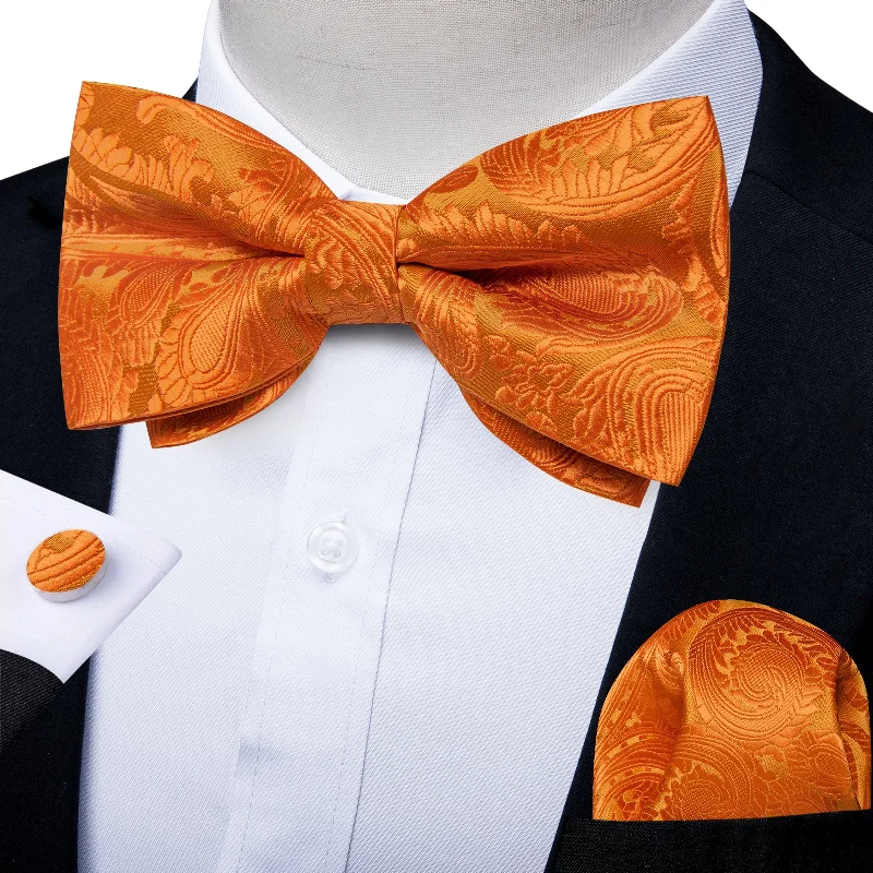 DarkOrange Paisley Men Pre-tied Bowtie Pocket Square Cufflinks Set