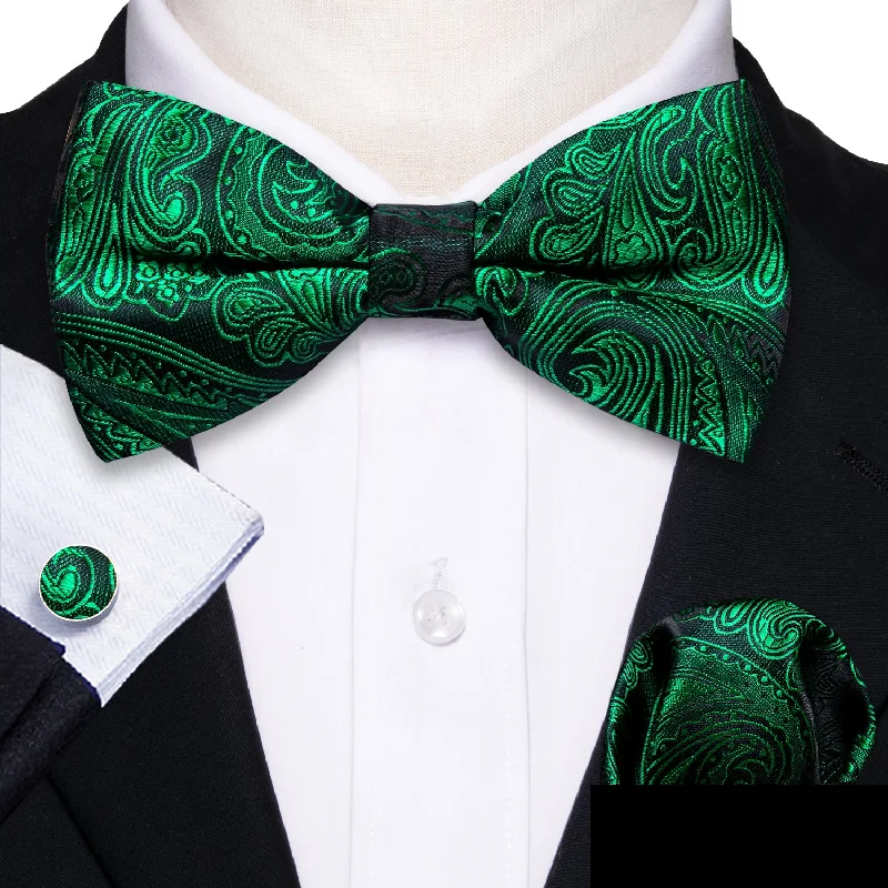 Green Paisley Men's Pre-tied Bowtie Pocket Square Cufflinks Set