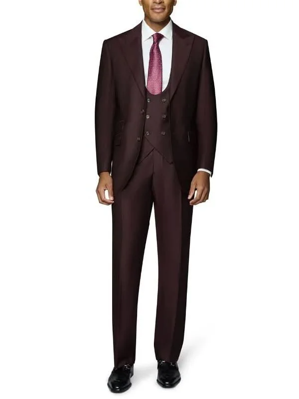 Beragamo Elegant Mens Big & Tall Burgundy 100% Wool Classic Fit Vested Suit with Peak Lapel