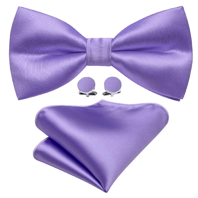 Purple Solid Silk Pre Tied Bow Tie Hanky Cufflinks Set