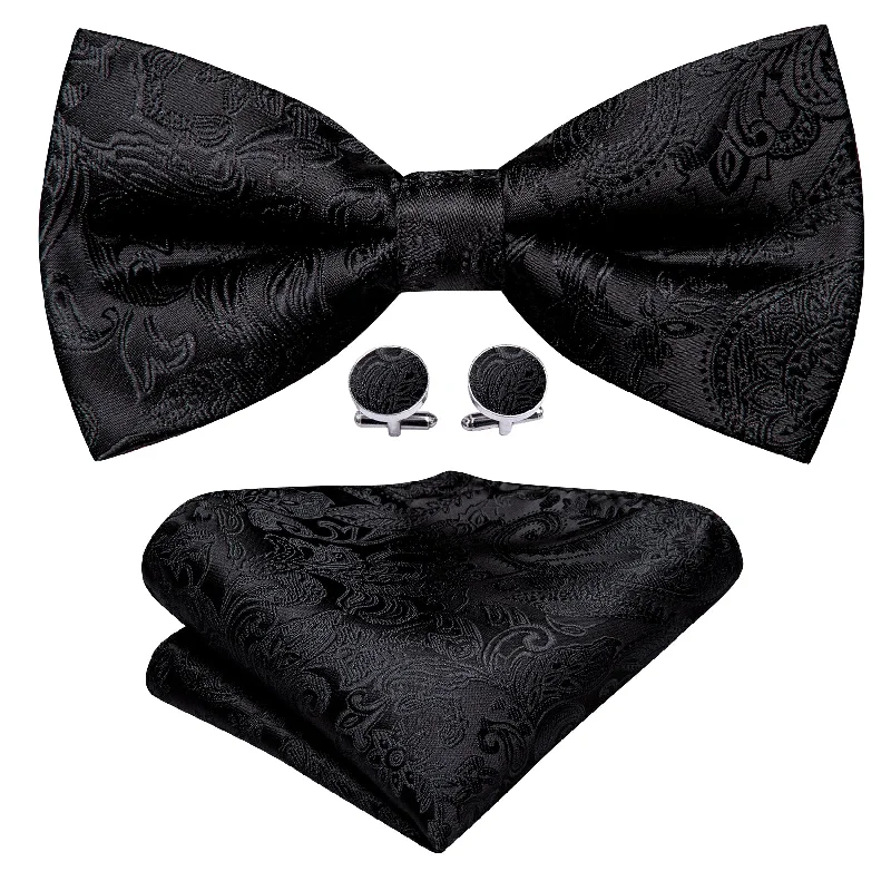 Barry Wang Neck Tie Black Paisley Pre-tied Bow Tie Hanky Cufflinks Set