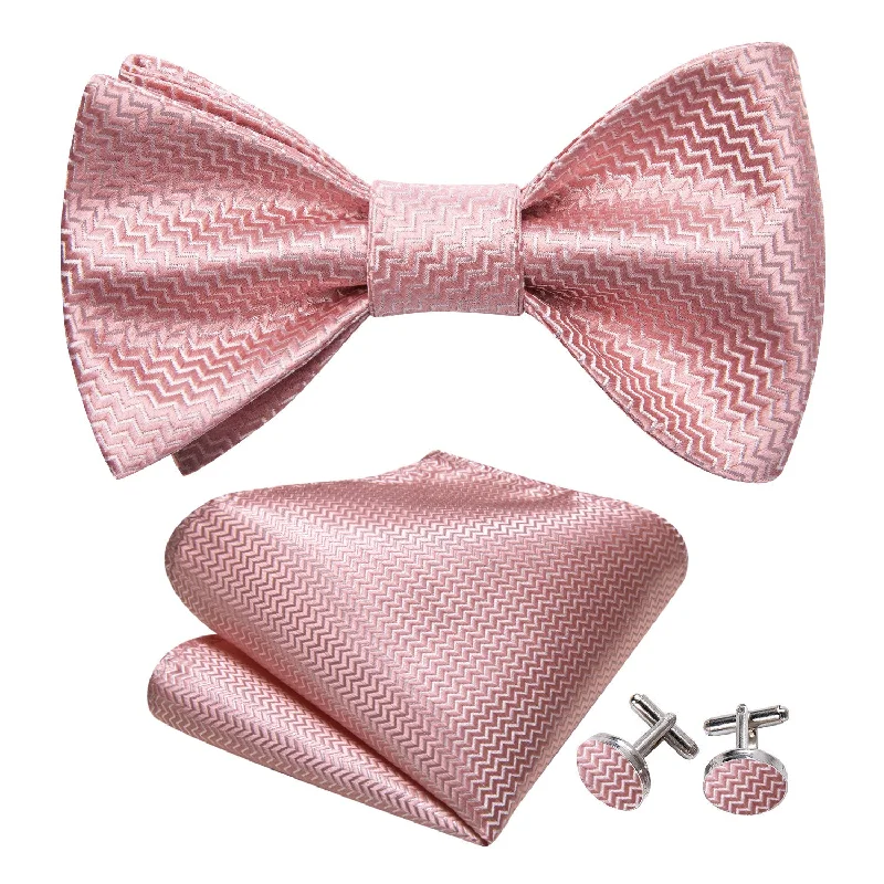 Pink White Striped Silk Bow Tie Hanky Cufflinks Set