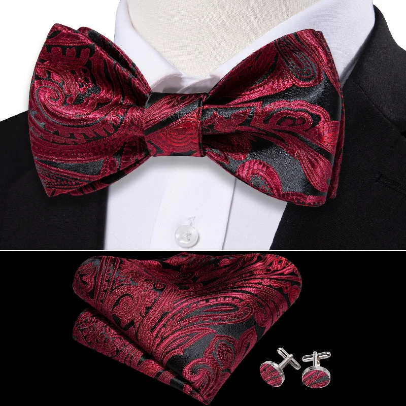 Barry Wang Black Red Paisley Self Tie Bow Tie Hanky Cufflinks Set