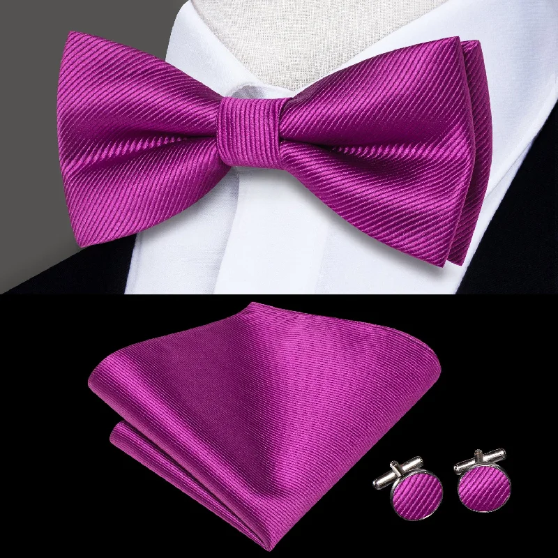 Purple Red Striped Men's Pre-tied Bowtie Pocket Square Cufflinks Set