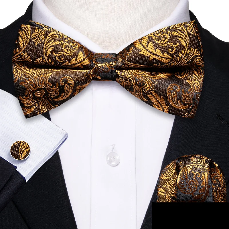 Golden Brown Paisley Pre-tied Silk Bow Tie Pocket Square Cufflinks Set