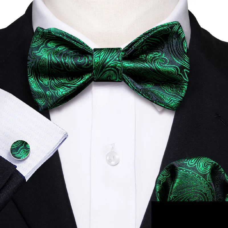 Dark Green Paisley Self-tied Bow Tie Pocket Square Cufflinks Set