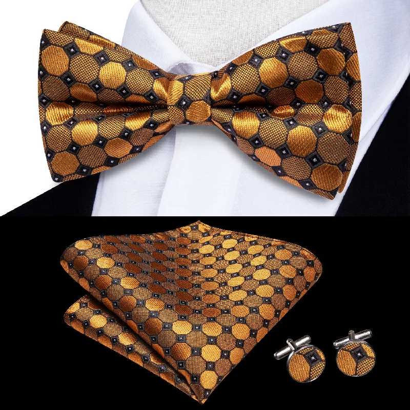 Black Golden Geometric Men's Pre-tied Bowtie Pocket Square Cufflinks Set