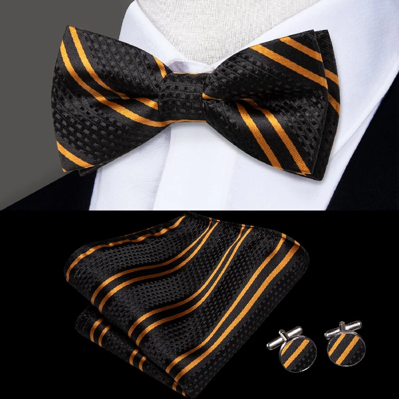 Black Golden Striped Children's Kids Bow Tie Pocket Square Cufflinks Set