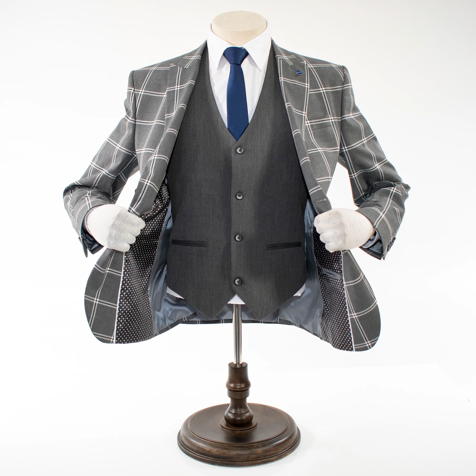 Charcoal Windowpane Plaid 3-Piece Tailored-Fit Suit With Peak Lapels