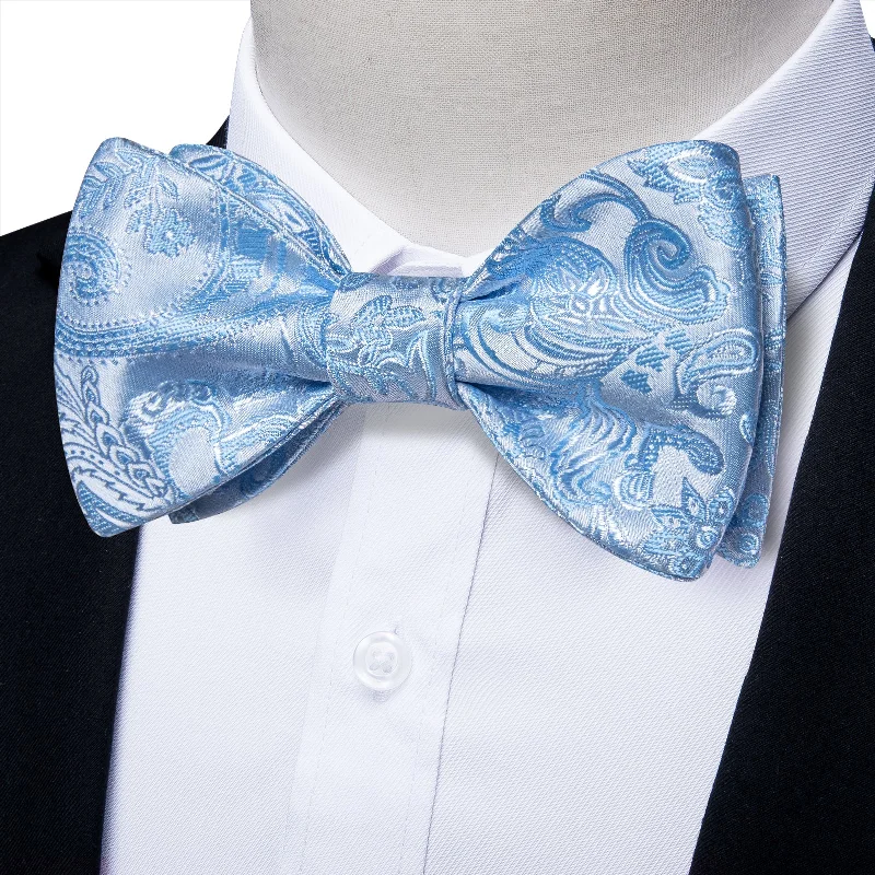 Sky Blue Paisley Self-tied Bow Tie Pocket Square Cufflinks Set