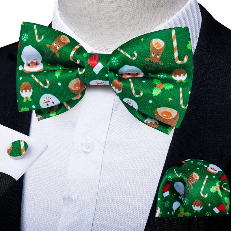 Green White Christmas Santa Claus Novelty Pre-tied Bow Tie Hanky Cufflinks Set