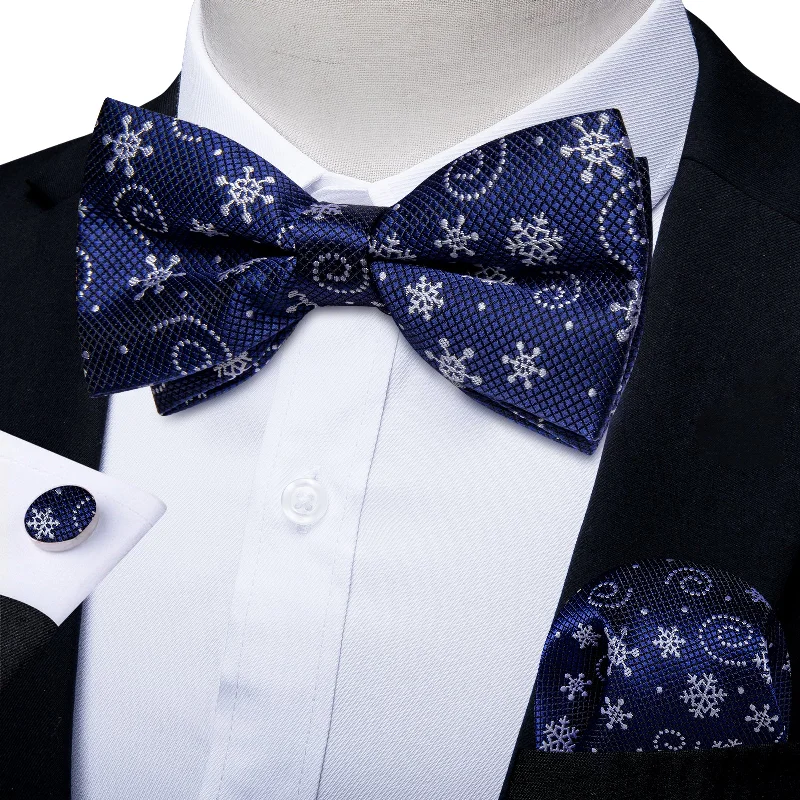 Christmas Royal Blue Snowflake Floral Men's Pre-tied Bowtie Pocket Square Cufflinks Set