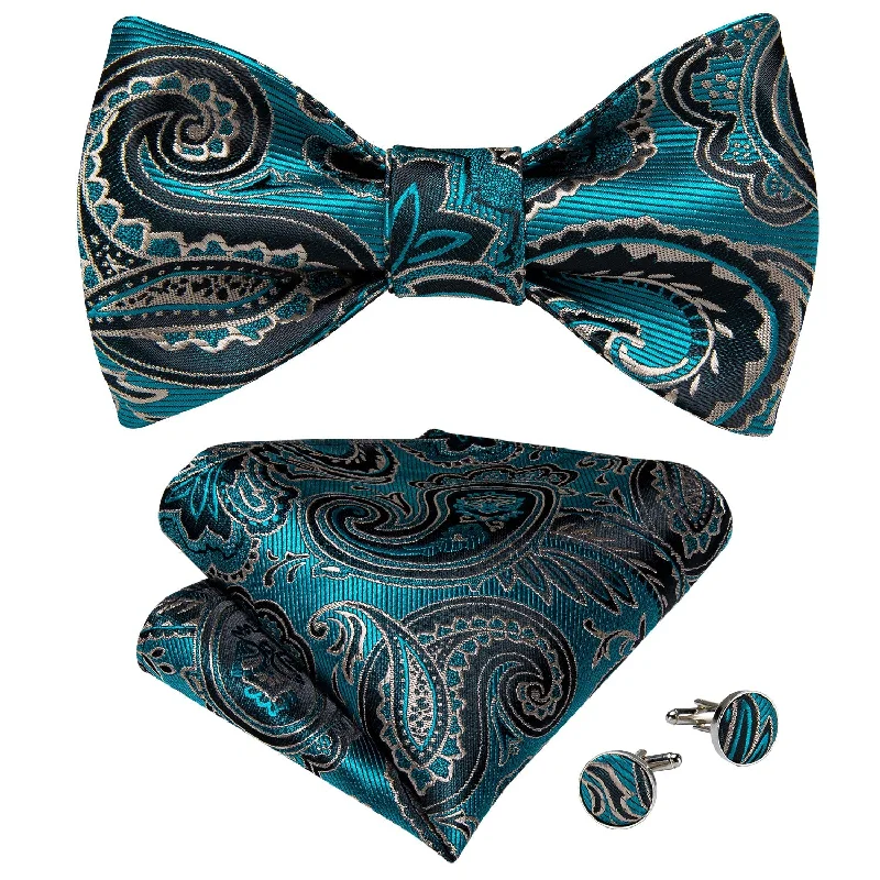 Teal Blue Paisley Silk Self-tied Bow Tie Pocket Sqaure Cufflinks Set