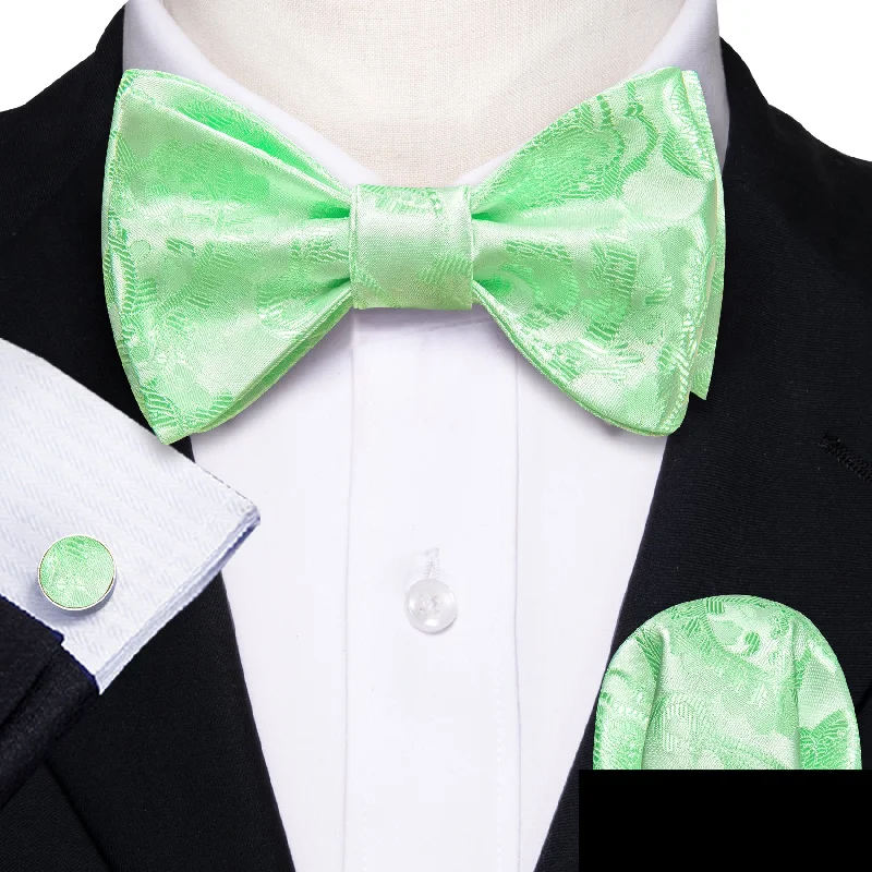 LightGreen Paisley Self-tied Bow Tie Hanky Cufflinks Set