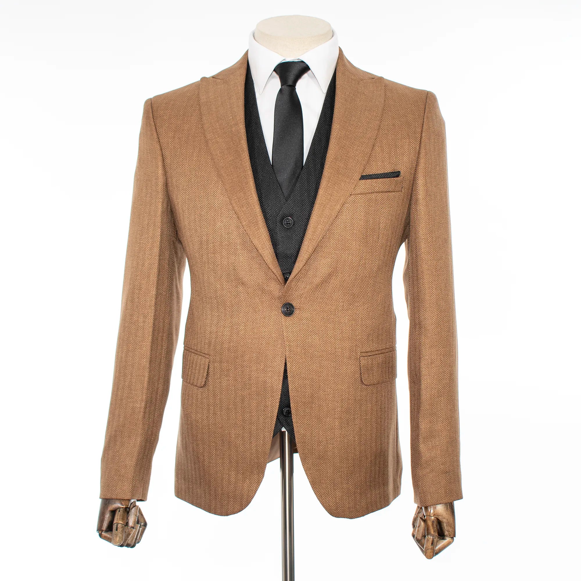 Pierce | Tan and Black Herringbone 3-Piece Slim-Fit Suit