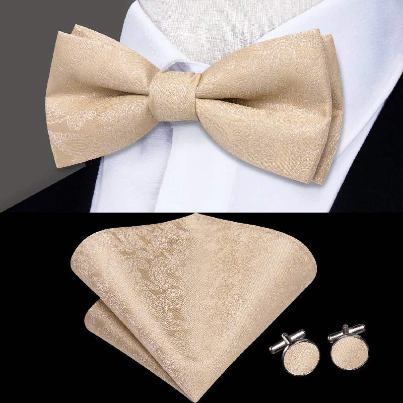 LemonChiffon Paisley Children's Kids Bow Tie Pocket Square Cufflinks Set