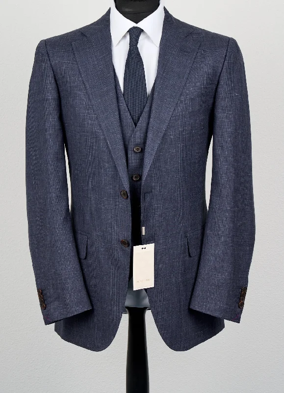 New Suitsupply Lazio Navy Check Wool, Silk and Linen 3 Piece Suit - Size 46R