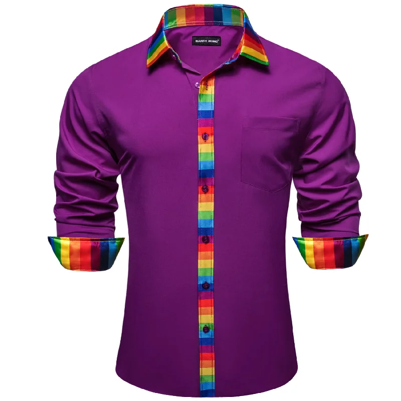 Barry Wang Purple Silk Shirt Splicing Rainbow Color Collar Cuff Shirt