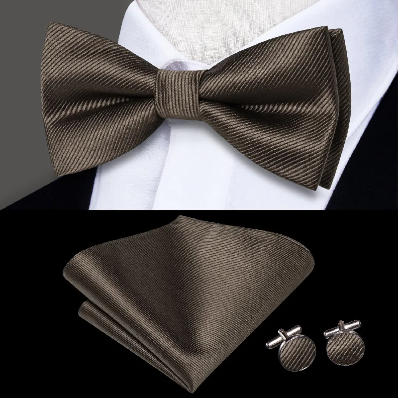 Grey Brown Striped Men's Pre-tied Bowtie Pocket Square Cufflinks Set