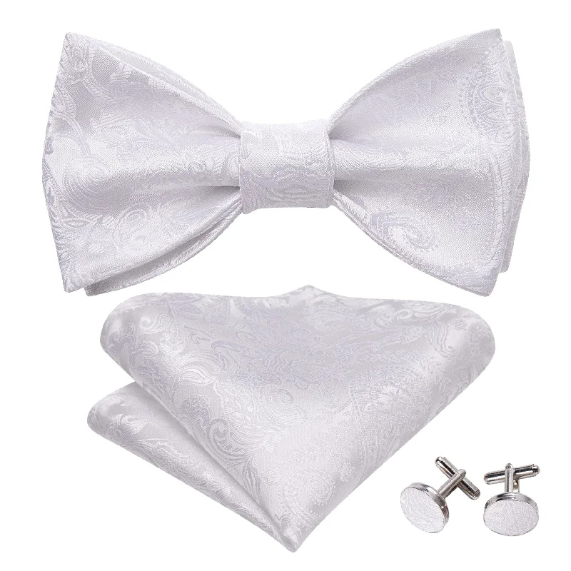 Barry Wang Mens Bow Tie White Paisley Silk Tie Hanky Cufflinks Set