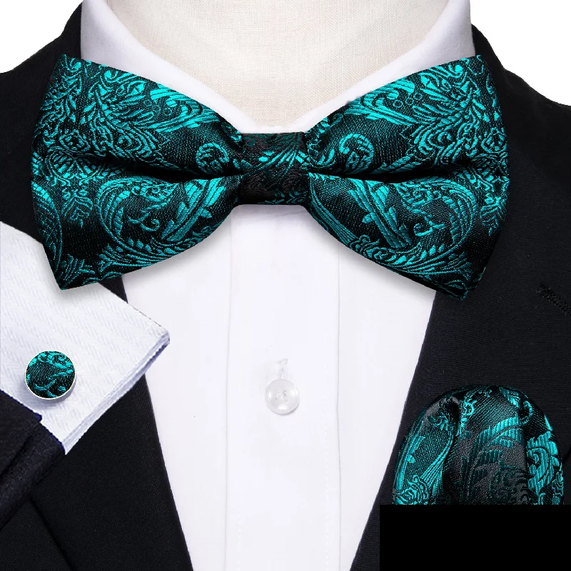 Lake Green Paisley Pre-tied Silk Bow Tie Pocket Square Cufflinks Set