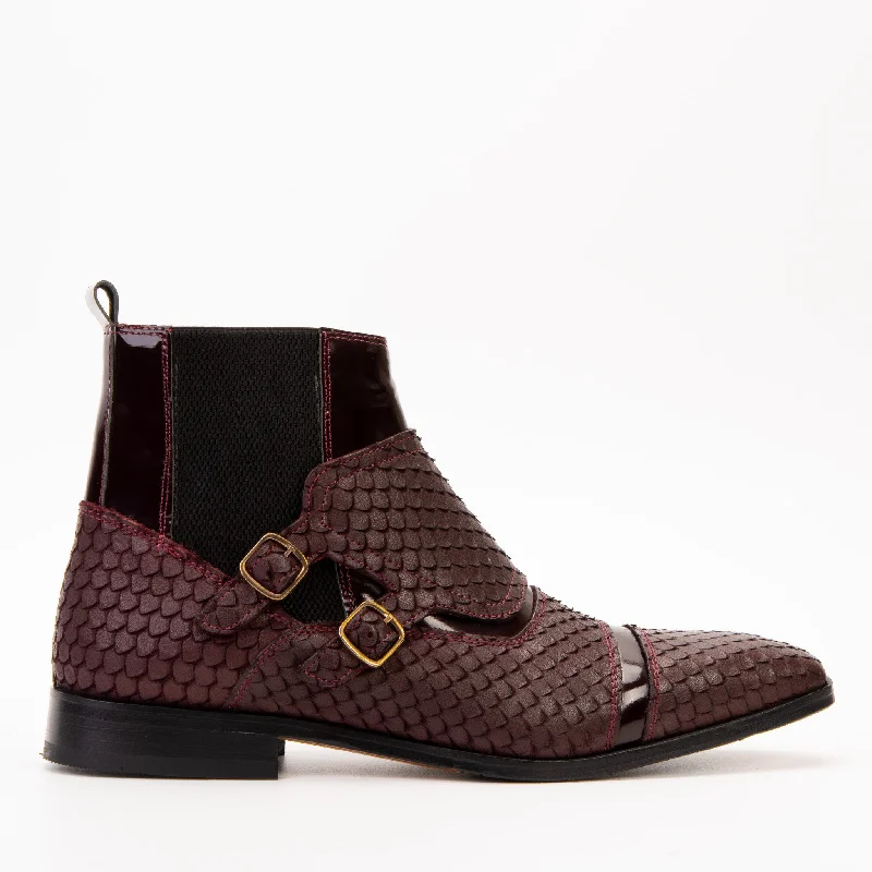 The Orion Burgundy Snakeskin Pattern Leather Double Monk Strap Boot