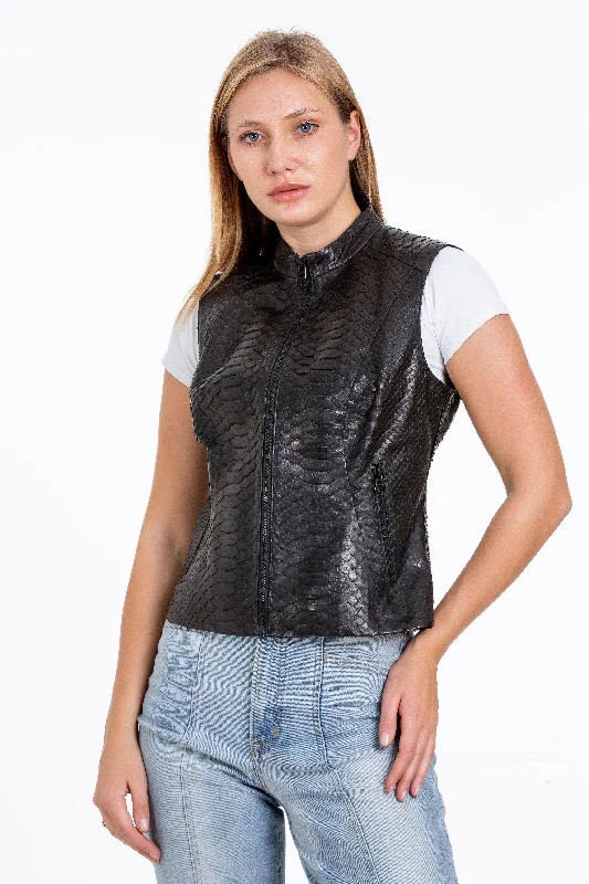 The Strasbourg Pythn Skin Leather Black Zip-Up Vest Women Jacket