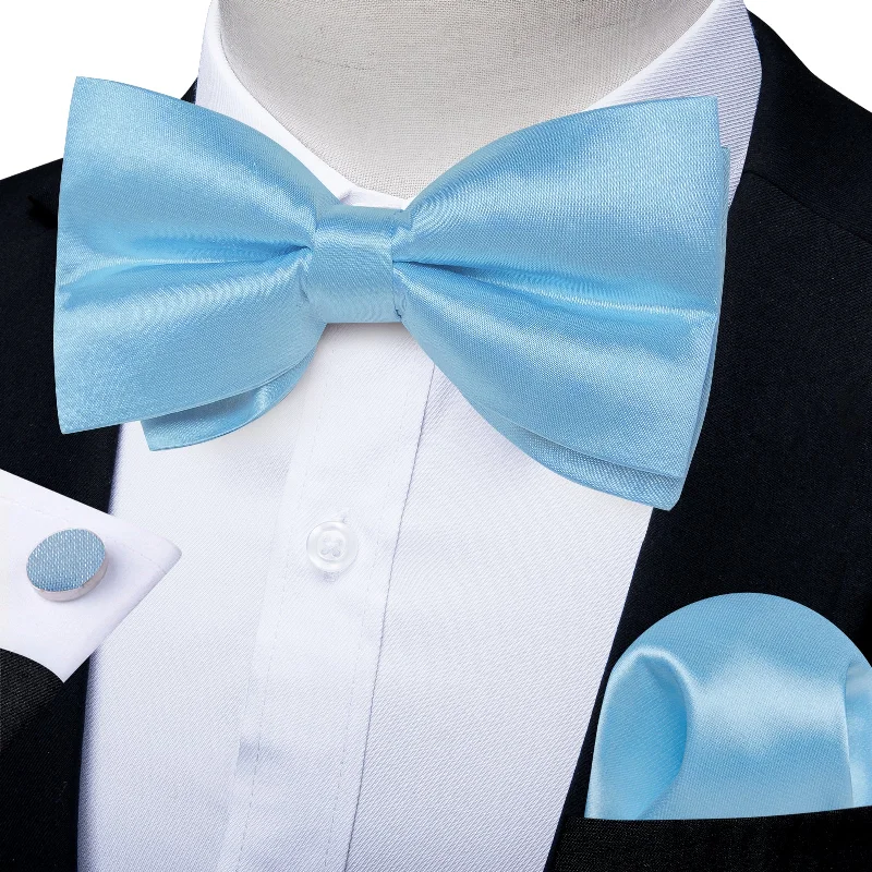 Arctic Blue Bow Tie for Men Solid Pre-tied Bow Tie Hanky Cufflinks Set