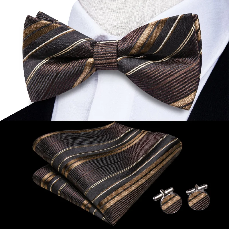 Black Brown Striped Men's Pre-tied Bowtie Pocket Square Cufflinks Set