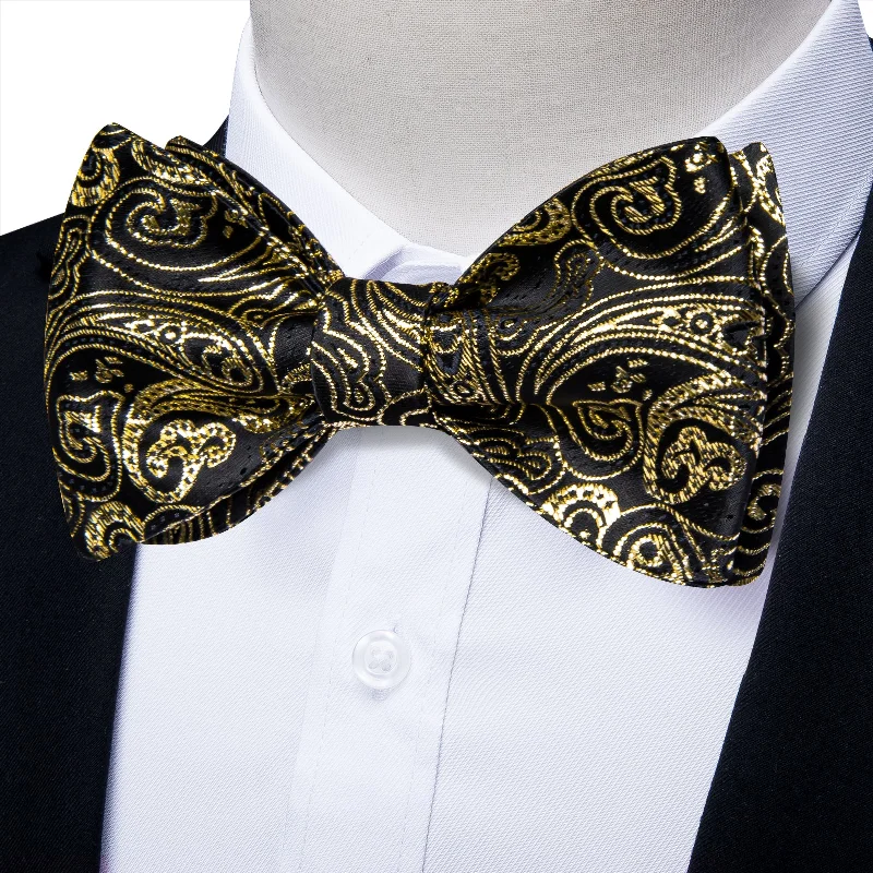 Black Golden Paisley Self-tied Bow Tie Pocket Square Cufflinks Set