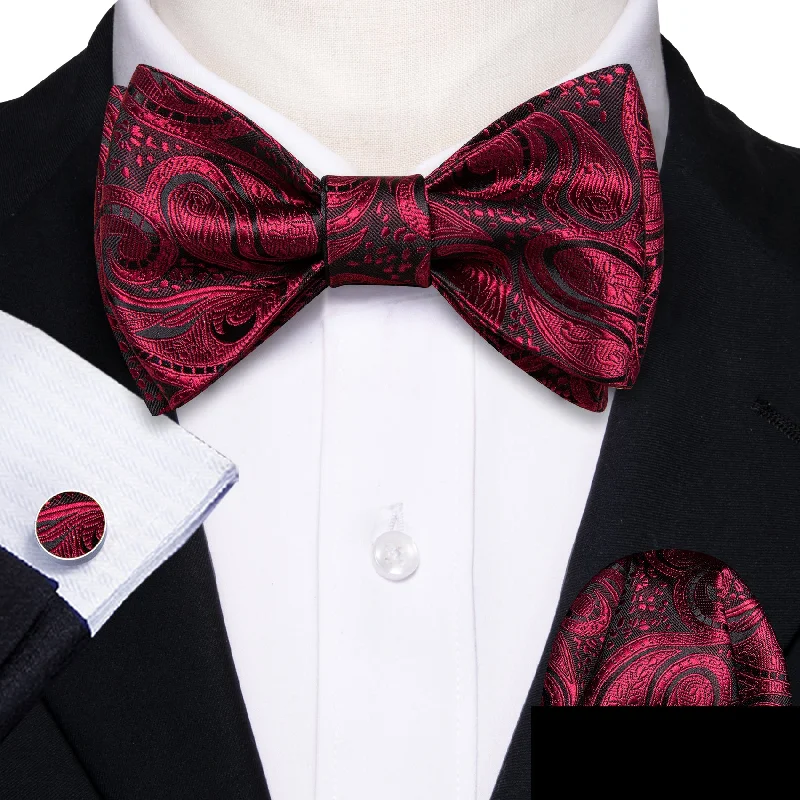 DarkRed Floral Self-tied Bow Tie Hanky Cufflinks Set