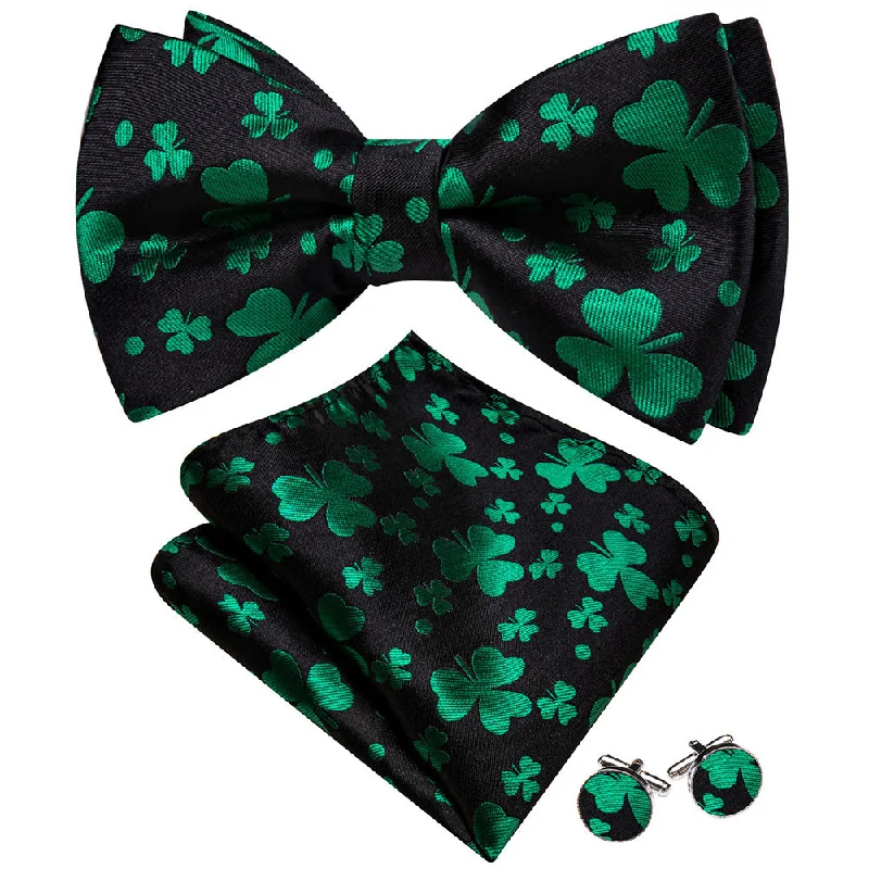 Barry Wang Black Green Clover Silk Pre-Tied Men's Bow Tie Hanky Cufflinks Set