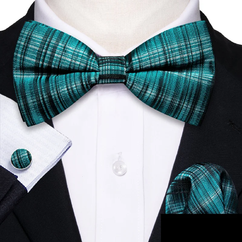 Lake Green Plaid Pre-tied Silk Bow Tie Pocket Square Cufflinks Set