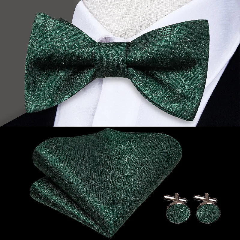 Dark Green Paisley Self-tied Bow Tie Pocket Square Cufflinks Set